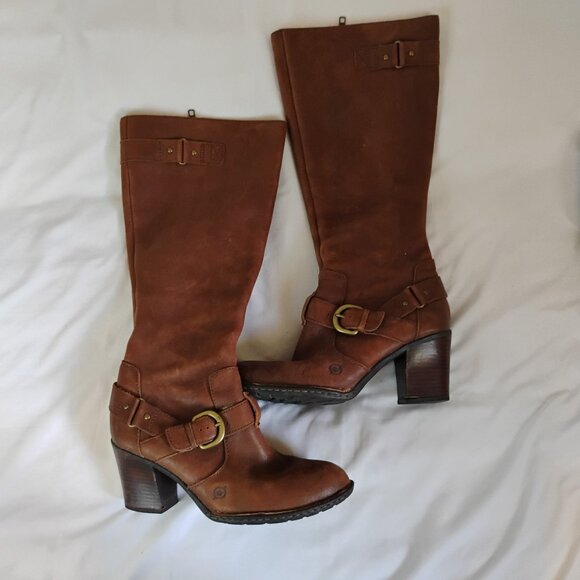 BORN Leather brown winter/fall western buckle chunky heel knee high boots sz 8.5 - Picture 1 of 13